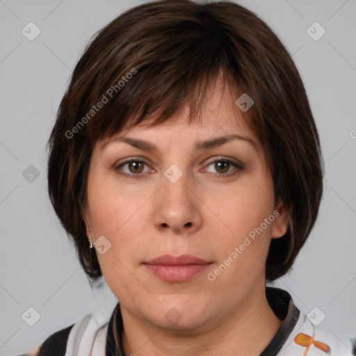 Neutral white young-adult female with medium  brown hair and brown eyes