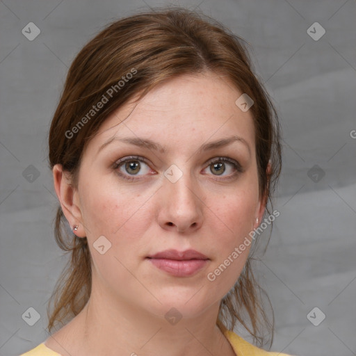 Neutral white young-adult female with medium  brown hair and grey eyes