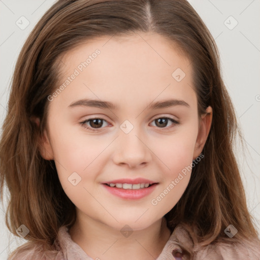 Joyful white child female with long  brown hair and brown eyes