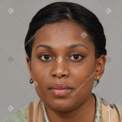 Neutral black young-adult female with short  brown hair and brown eyes