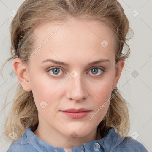 Neutral white young-adult female with medium  brown hair and blue eyes