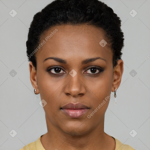 Neutral black young-adult female with short  black hair and brown eyes