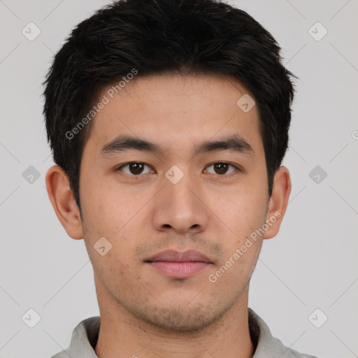 Neutral asian young-adult male with short  black hair and brown eyes