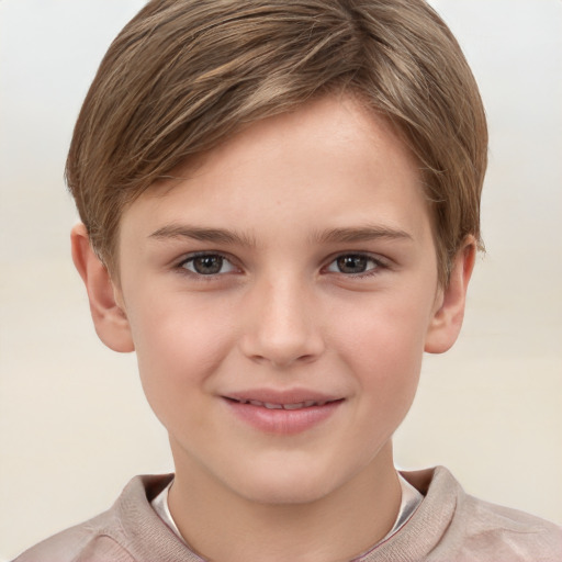 Joyful white child female with short  brown hair and grey eyes