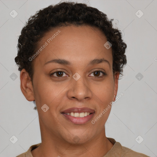 Joyful latino young-adult female with short  brown hair and brown eyes
