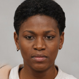 Neutral black young-adult female with short  black hair and brown eyes