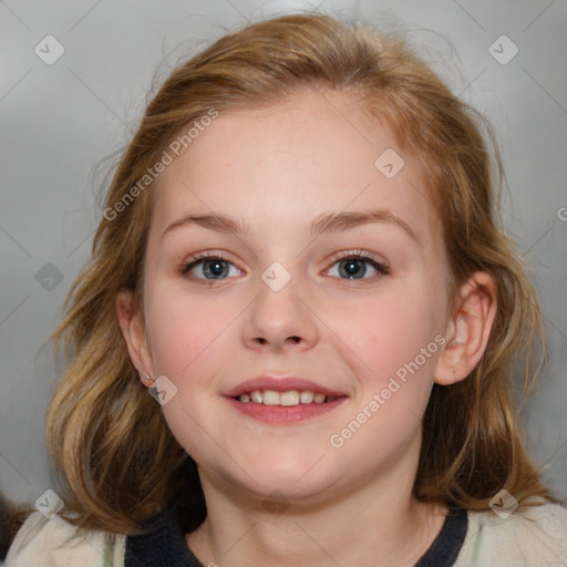 Joyful white child female with medium  brown hair and blue eyes