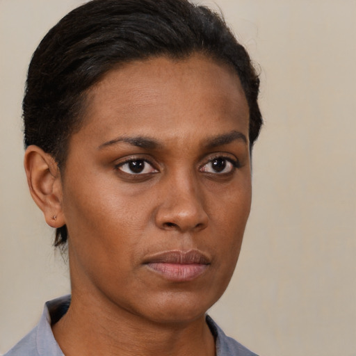 Neutral black young-adult female with short  brown hair and brown eyes