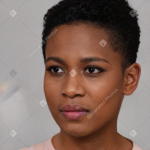 Neutral black young-adult female with short  brown hair and brown eyes