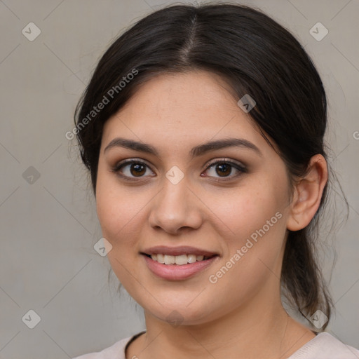 Joyful white young-adult female with medium  brown hair and brown eyes