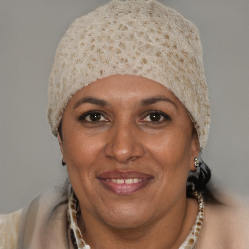 Joyful black adult female with short  brown hair and brown eyes