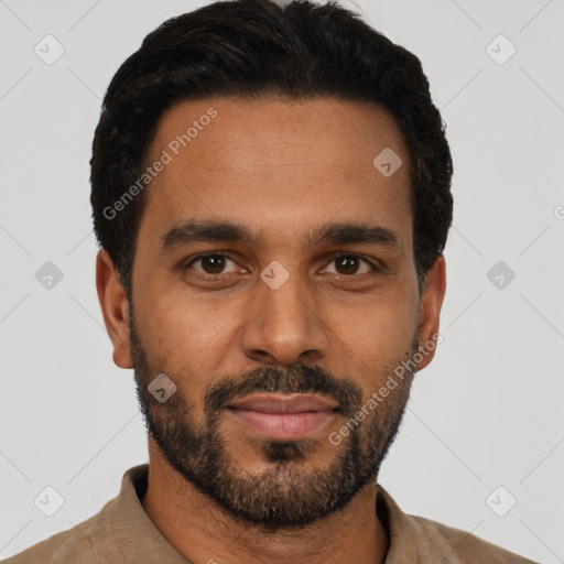 Neutral black young-adult male with short  black hair and brown eyes