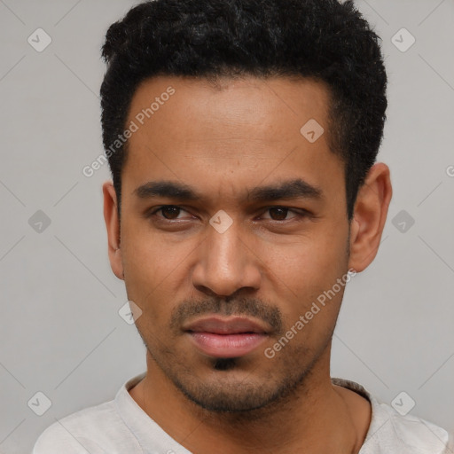 Neutral latino young-adult male with short  black hair and brown eyes