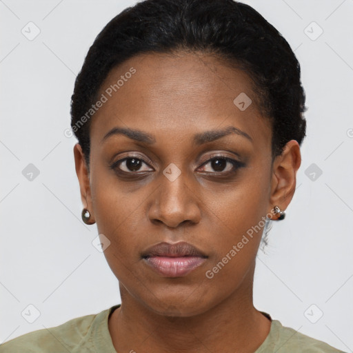 Neutral black young-adult female with short  black hair and brown eyes