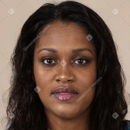 Joyful black young-adult female with long  black hair and brown eyes