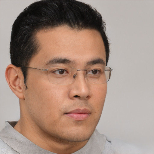 Neutral asian young-adult male with short  black hair and brown eyes