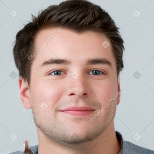 Neutral white young-adult male with short  brown hair and grey eyes