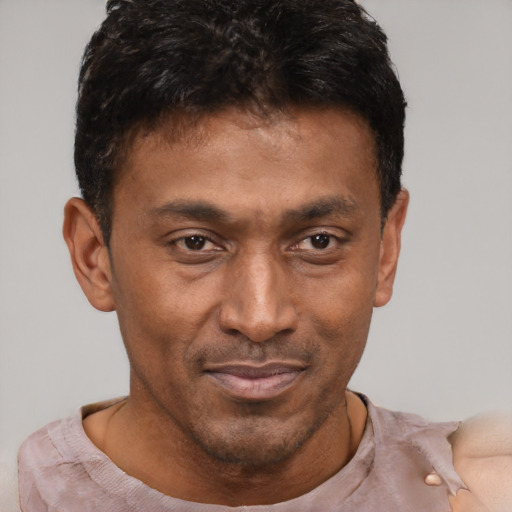 Joyful black young-adult male with short  brown hair and brown eyes