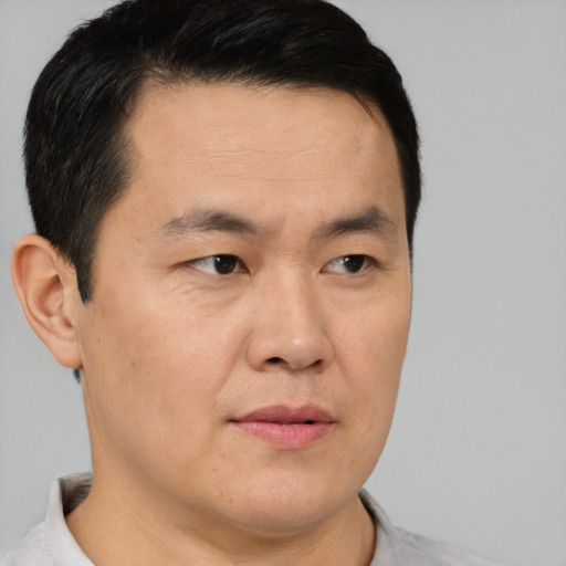Neutral asian young-adult male with short  brown hair and brown eyes