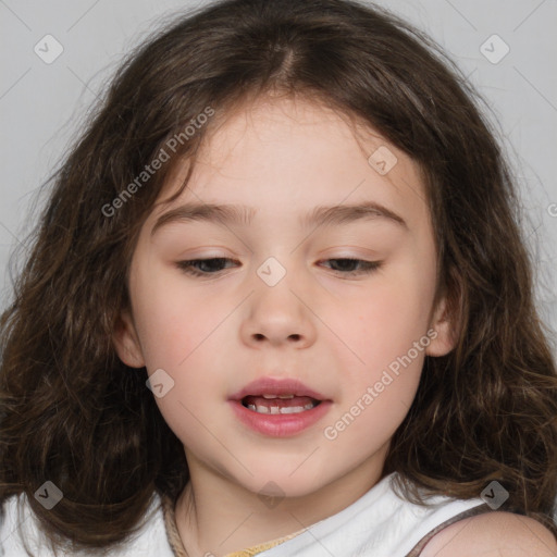 Joyful white child female with medium  brown hair and brown eyes