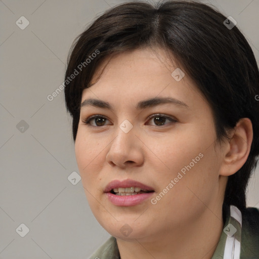 Joyful white young-adult female with medium  brown hair and brown eyes