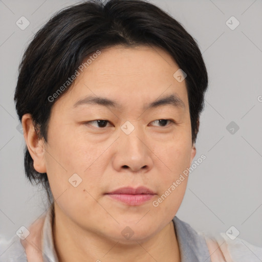 Joyful asian adult male with short  brown hair and brown eyes