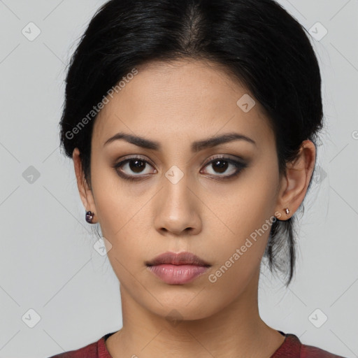 Neutral asian young-adult female with medium  black hair and brown eyes