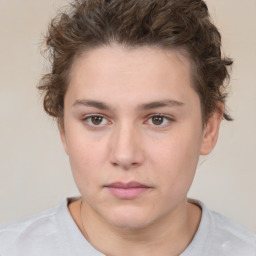 Neutral white young-adult female with short  brown hair and brown eyes