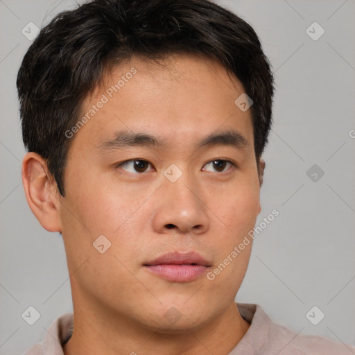 Neutral asian young-adult male with short  brown hair and brown eyes