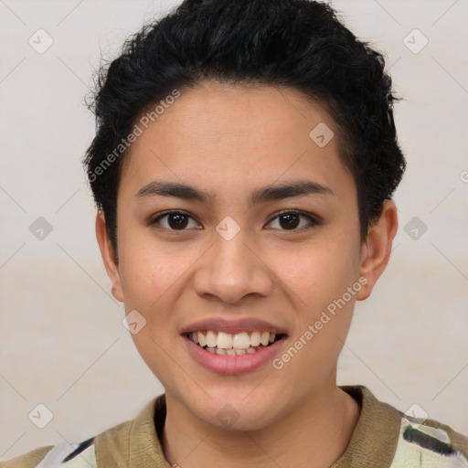 Joyful latino young-adult female with short  brown hair and brown eyes