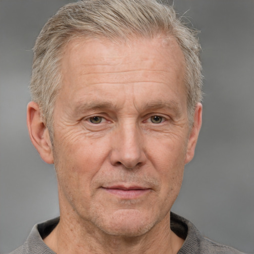 Neutral white middle-aged male with short  gray hair and grey eyes