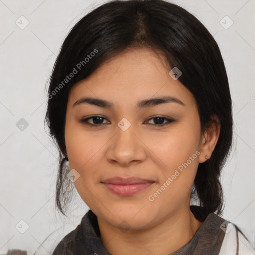 Joyful latino young-adult female with medium  black hair and brown eyes