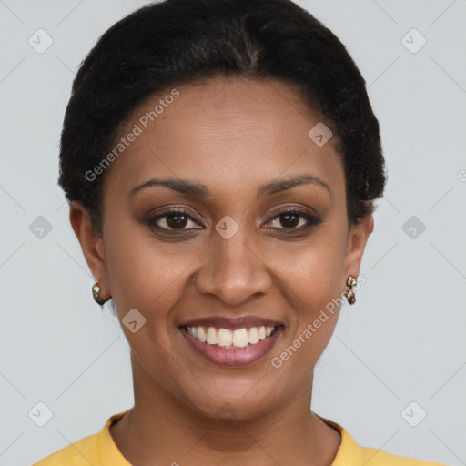 Joyful latino young-adult female with short  brown hair and brown eyes