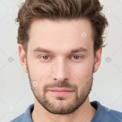 Neutral white young-adult male with short  brown hair and grey eyes