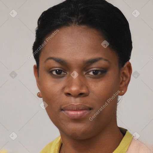 Neutral black young-adult female with short  black hair and brown eyes