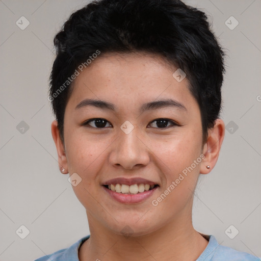 Joyful asian young-adult female with short  brown hair and brown eyes