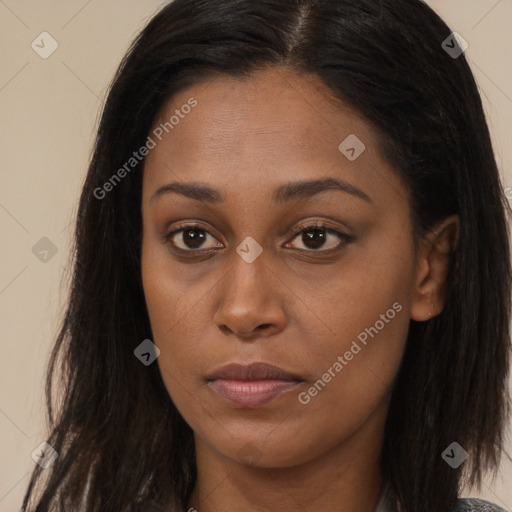 Joyful asian young-adult female with long  brown hair and brown eyes