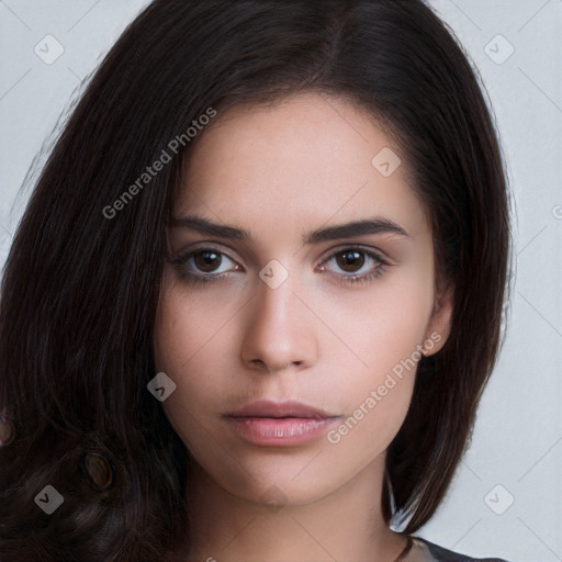 Neutral white young-adult female with long  brown hair and brown eyes