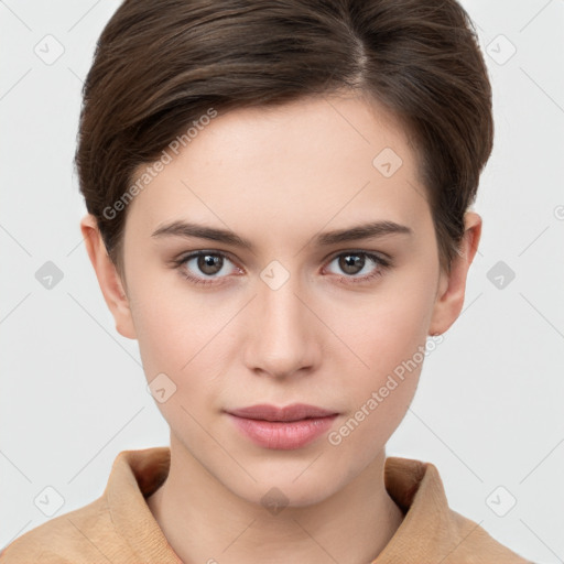 Neutral white young-adult female with short  brown hair and brown eyes