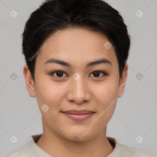 Joyful asian young-adult female with short  brown hair and brown eyes