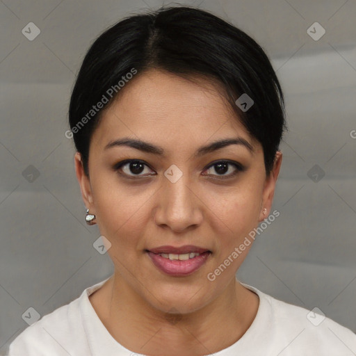 Joyful latino young-adult female with short  brown hair and brown eyes