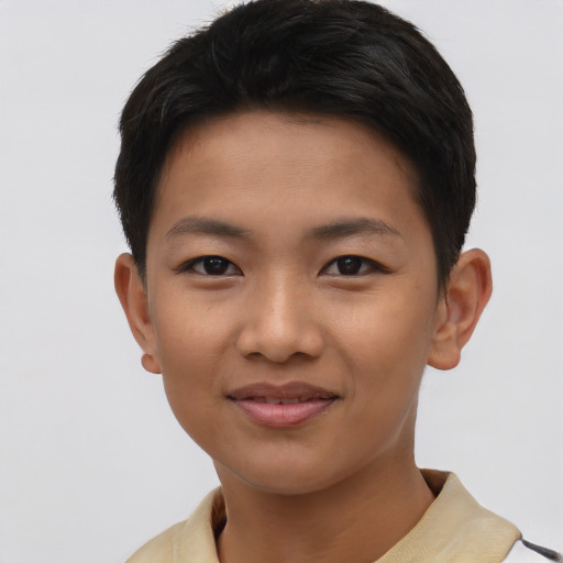 Joyful asian young-adult female with short  black hair and brown eyes
