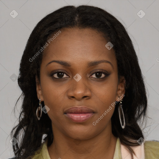 Joyful black young-adult female with medium  black hair and brown eyes