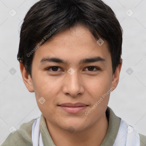 Joyful asian young-adult male with short  brown hair and brown eyes