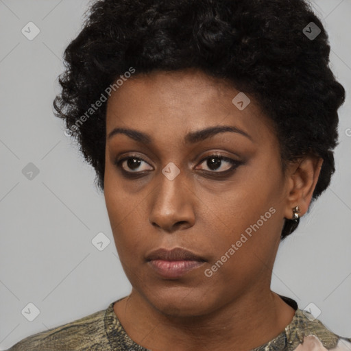 Neutral black young-adult female with short  black hair and brown eyes