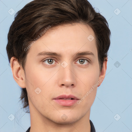 Neutral white young-adult male with short  brown hair and brown eyes