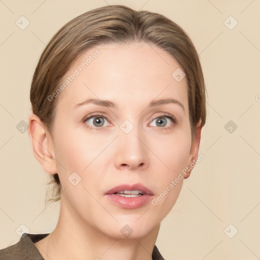 Neutral white young-adult female with medium  brown hair and grey eyes