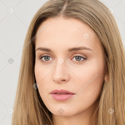 Neutral white young-adult female with long  brown hair and brown eyes