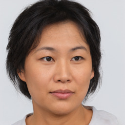 Neutral asian young-adult female with medium  brown hair and brown eyes