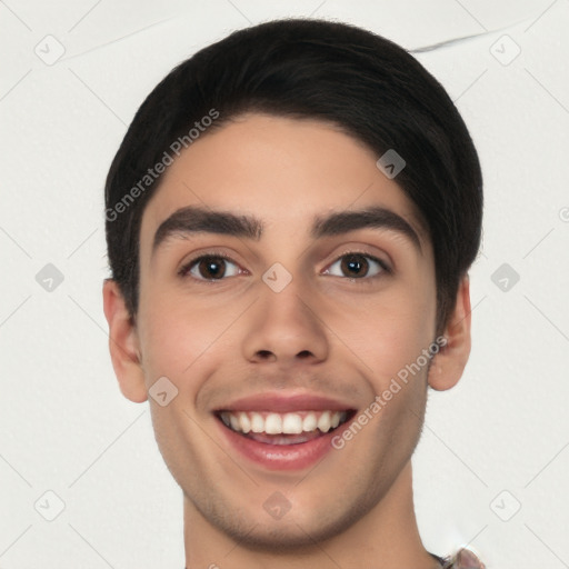 Joyful white young-adult male with short  black hair and brown eyes